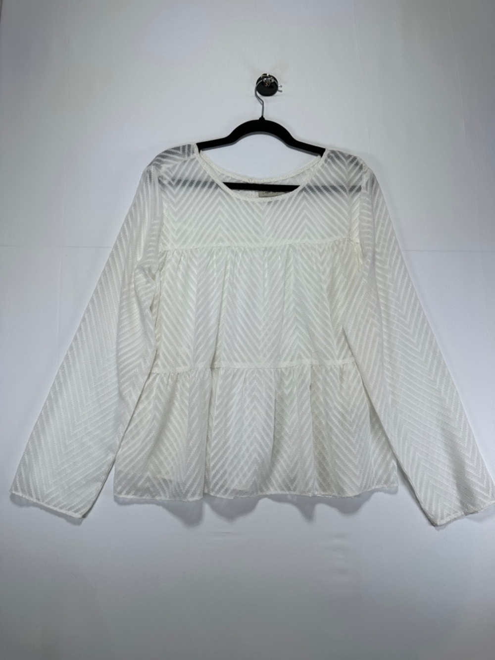 Charlie Paige Sheer Peasant Blouse White Chevron Texture Long Sleeve Boho Size L